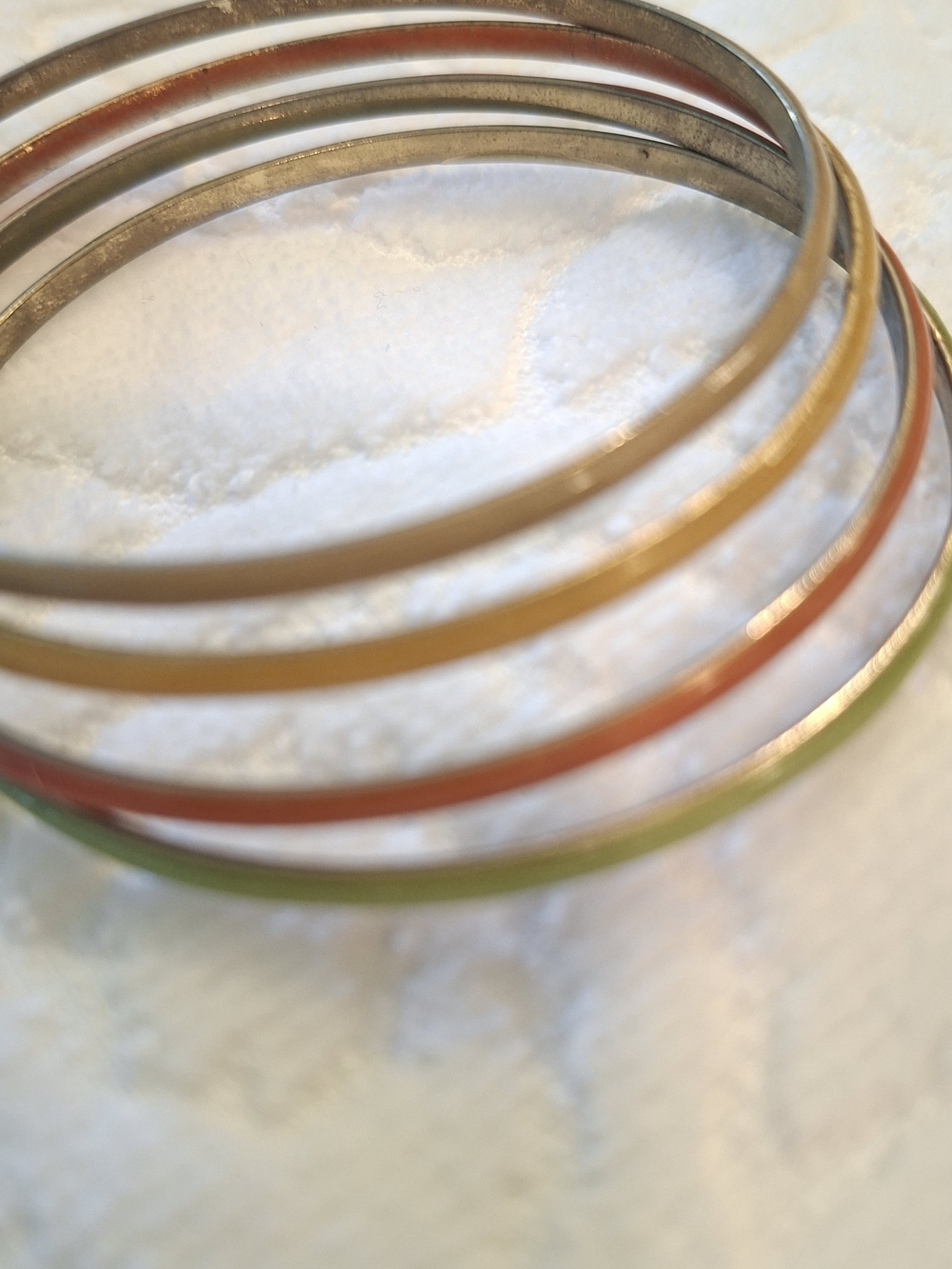 Set of Four Vintage Thin Enamel Bangle Bracelets — Green, Gold, Orange And Beige - Picture 2 of 4